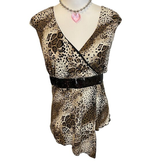 VTG Cato Animal Print Asymmetrical Blouse Black Sequin Y2K 2000's Plus Sz 26/28 - Picture 1 of 10